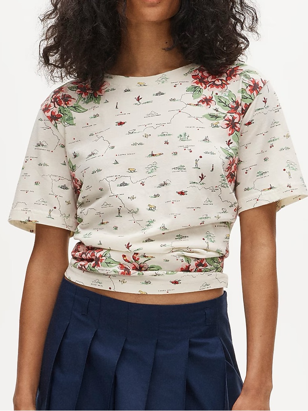 J. Crew Cream Floral Map-Print Short Sleeve Tee, size m. LIKE NEW